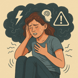 Illustrazione di una donna che vive un attacco di panico con sintomi fisici e mentali, come ansia, sudorazione e senso di soffocamento. 